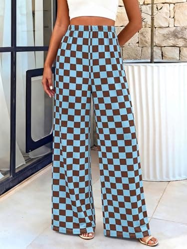 BTFBM Womens Checkered Palazzo Pants Wide Leg High Waisted Pockets Gingham Casual Lounge Pajama Trousers Summer Outfits(Plaid Coffee Blue,Large) - Thumbnail 6