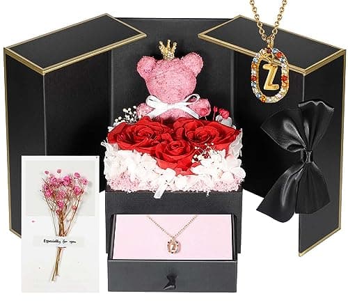 Gifts for Women Mom Girlfriend Wife Preserved Forever Flowers Roses Bear with 18K Gold Plated Necklace Z, Eternal Flowers Rose Anniversary Birthday Gifts for Mother from Daughter - Image 1