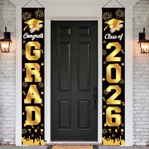 Graduation Decorations 2026 Porch Banner, Congrats Grad Class of 2026 Banner Black and Gold, 2026 Graduation Decorations for Door and Porch Class of 2026 Party Supplies - Image 1