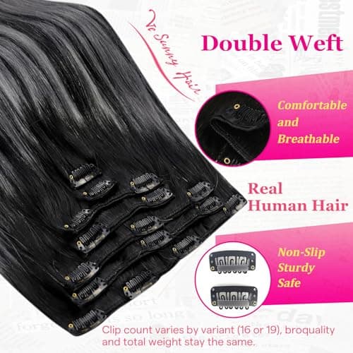 Ve Sunny Black Clip in Hair Extensions Real Human Hair Ombre Remy Hair Clip ins Balayage Clip on Hair Extensions for Women Natural Blend Natural Graying Roots 18 Inch 120g 7pcs - Thumbnail 6