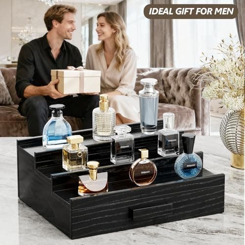 Hrbjunuo Solid Walnut Cologne Organizer for Men,3 Tier Cologne Stand,Wooden Cologne Holder Display Shelf with Drawer Storage and Hidden Compartment,Black Perfume Stand Organizer,Gifts for Men Husband - Thumbnail 2