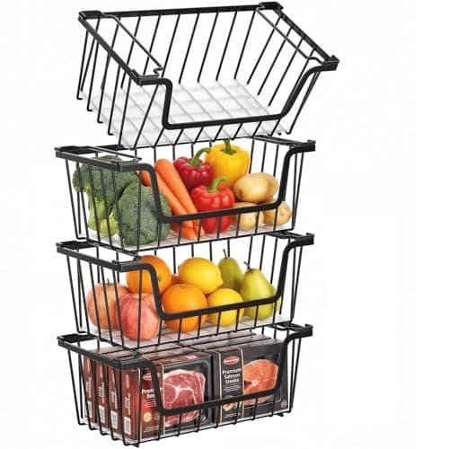 SUNALLY Stackable Storage Bins 4 Pcs Wire Baskets for Pantry Organizers and Storage, Vegetable Fruit Storage Basket for Countertop Organizer,Kitchen Baskets for Onion Potato Snack Cans Storage,Black - Image 1