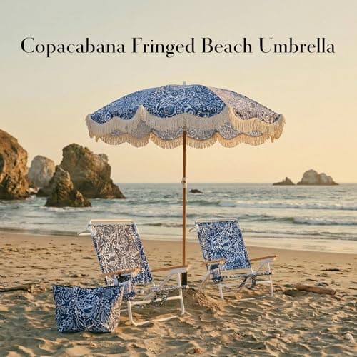 DEER LAND 6FT Fringe Beach Umbrella for Sand, Boho Coastal Patio Umbrella with Tassels, UPF 50+ Sun Protection, Tilt, Carry Bag for Beach Vacation & Pool, Reef Indigo - Thumbnail 2