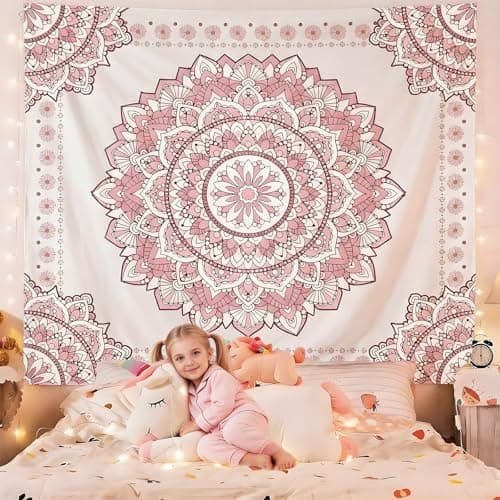 Atrippy Boho Pink Mandala Wall Tapestry for Bedroom, White and Pink Aesthetic Tapestry Room Decor for Teen Girls, Art Floral Wall Hanging for College Dorm (51''x60'') - Thumbnail 2