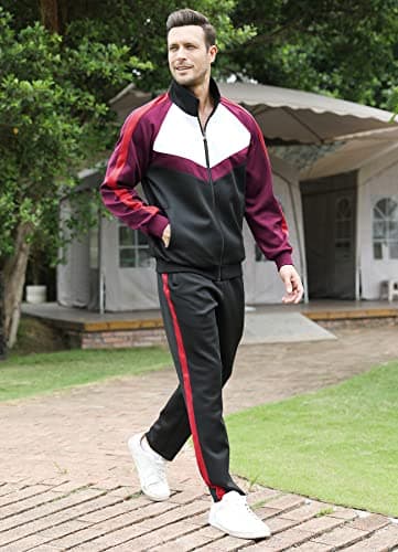Sun Lorence Jogging Track Suits for Men Sets 2 Pieces with Full Zip Running Sports Outfits Suits for Men Black Red Medium - Thumbnail 2