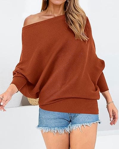Zenlonr Women's Fall Winter Sweaters 2025 Casual Long Batwing Sleeve Loose Off Shoulder Knit Pullovers Jumper Tops(Orange,Large) - Thumbnail 3