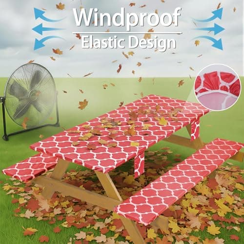 memKiya Fitted Waterproof Picnic Table Cover with Bench Covers Elastic Heat Resistant Outdoor Camping Tablecloth for 6 Foot Dinning Rectangle Tables Summer Rv Patio Garden Road Trip Essential Gift - Thumbnail 4
