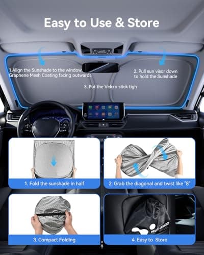 helloleiboo Graphene Windshield Sun Shade for SUVs and Most Mid-Size Sedans, 99% UV Blocking, Dual-Layer Honeycomb Heat Shield, Keeps Interior Cooler, Foldable - Thumbnail 6