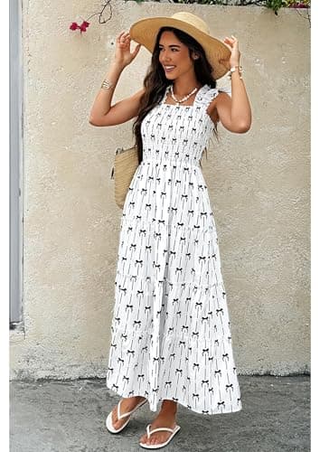 ECOWISH Women's Summer Maxi Dress 2026 Casual Sleeveless Square Neck Smocked Ruffle Bow Tiered Flowy A Line Beach Sundress White Small - Thumbnail 4