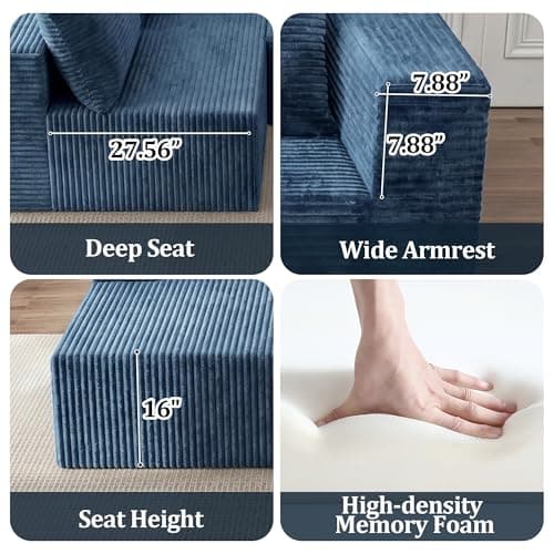 92.5" Modualr Sectional Sofa, L-Shape Corduroy Cloud Couch with Chaise, Upholstered Memory Foam Boneless Couch for Living Room, No Need Assembly - Blue(Right Facing Chaise) - Thumbnail 6