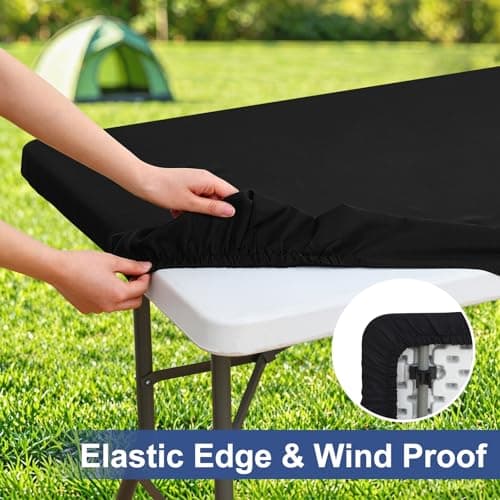 homing Rectangle Table Cloth Cover, Waterproof Polyester Elastic Fitted Tablecloth, Fits for 6 Foot Folding Tables, Washable Table Protector for Picnic, Camping, Outdoor, Easter (Black, 30" x 72") - Thumbnail 2