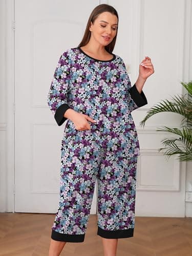 AusLook Women’s Plus Size Pajama Sets Floral 3/4 Sleeve Nightwear Top and Capri Pants 2 Piece Lounge Set with Pockets - Thumbnail 4