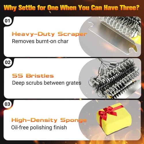Professional 3-in-1 Grill Brush and Scraper with Safety Second Sweep Sponges - 18" Detachable Long Handle BBQ Cleaner for Heavy Duty Grime - Ideal Father's Day Grilling Gift for Men (Orange) - Thumbnail 2