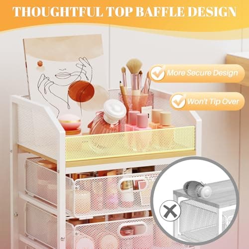 SUNALLY Makeup Organizer Cart with 4 Drawers, Rolling Makeup Storage Cart Metal Skincare Organizers, Large Vanity Storage Organizer Cosmetics Display Cases for Skin Care Perfume Nail Polish, White - Thumbnail 4