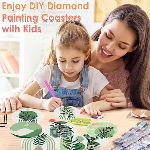 ijbnhd 8 Pcs Leaf Diamond Art Coasters Kit, Leaf Diamond Painting Coasters with Holder, Arts and Crafts Supplies Astral 4X4inch (Cork Wooden Pad) - Thumbnail 4