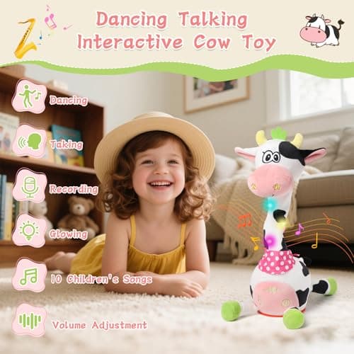 LLUKEME Cute Easter Dancing Cow Plush Toy with Wiggling Neck | LED Lights | Voice Record & Repeat | 10 Children’s Songs | Safe Toy for Boys Girls Age 1-3 | Easter Gifts for Toddlers - Thumbnail 3