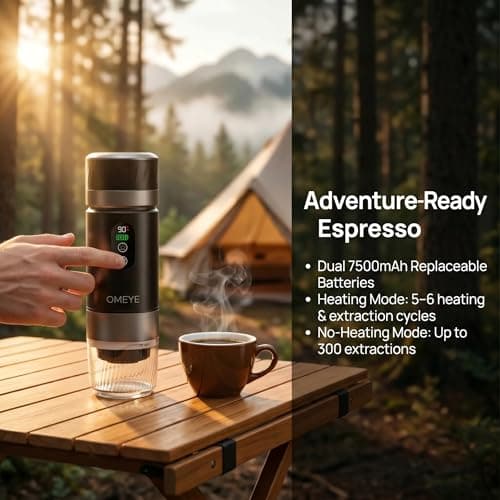 OMEYE Portable Espresso Maker for Camping Travel Office – 20 Bar Self-Heating Cordless Coffee Machine, LED Display, Dual 7500mAh Battery, USB-C, Compatible with Small/Large Capsules & Ground Coffee - Thumbnail 4