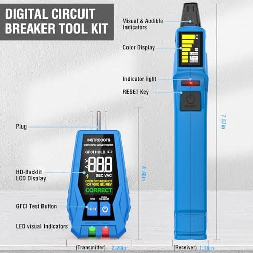 INSTRODOTS Circuit Breaker Finder, Digital Breaker Finder with GFCI Outlet Tester, AC 90-135V Electrical Circuit Tracer with Buzzer Alarm & Color LCD Display, Includes Batteries & Carrying Case - Thumbnail 5