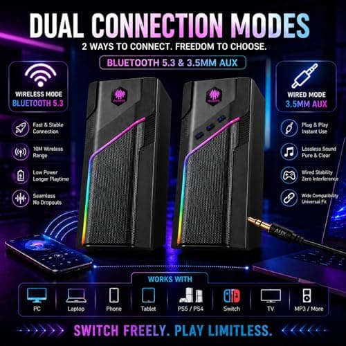 museeq W-206RE RGB Gaming Speakers for PC, Bluetooth & USB Desktop Speakers for Gaming PC and Monitor, Touch Control Stereo Computer Speakers with 21 LED Light Modes - Thumbnail 4