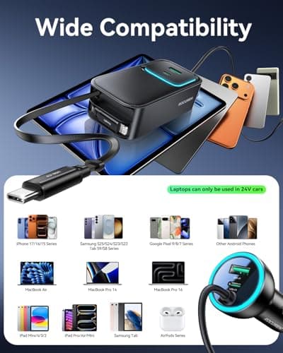 Rocoren 135W Multiple Ports Car Charger,Car Travel Essentials for Road Trips,6-Port PD Fast USB C Cigarette Lighter Adapter with 5FT Cable and 2 Retractable Cable,Car Accessories for iPhone, Galaxy - Thumbnail 3