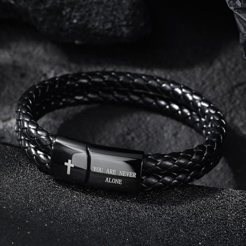 Alissl Men's Leather Bracelet with Cross Bible Verse, Double Layer Black Genuine Leather Bracelet for Men, Christian Religious Baptism Easter Gift for Men Dad Husband Boyfriend Grandson Son - Thumbnail 2