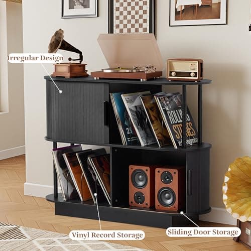 Modern Record Player Stand With Vinyl Storage, 40" Black Turntable Storage Stand with Sliding Door & Record Holder, Corner Rock Jazz BluesMusic Organize Cabinets for Living Room (Black, No-Socket) - Thumbnail 3