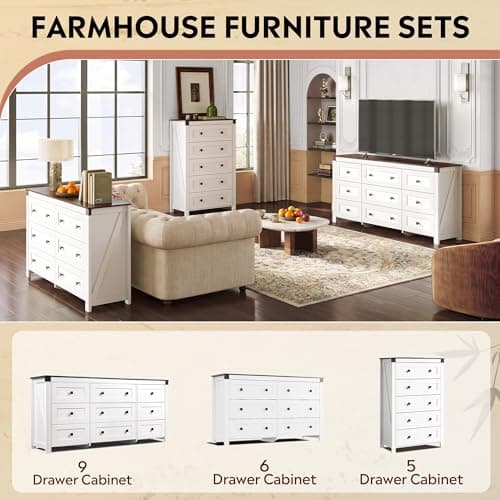 GALAXHERO Farmhouse TV Stand, 53.07'' Wide 6-Drawer Wood Storage Unit, with Double Rustic Handle, TV Console for 60 inch TV, Modern Storage Organizer for Living Room, Office, White - Thumbnail 4