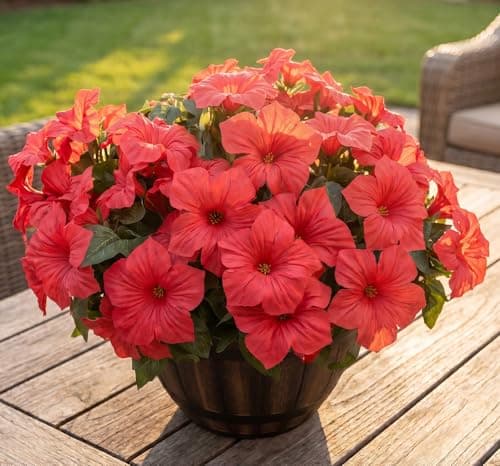 Vemander Artificial Fake Flowers Plants for Outdoor Decoration, 4PCS Faux Petunias Silk Flower UV Resistant No Fade for Home Outside Garden Balcony Yard Porch Realistic Indoor Decor (Red) - Image 1