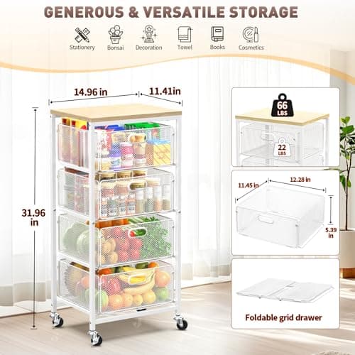 SUNALLY Rolling Kitchen Cart with Drawers, 4-Tier Utility Cart Fruit Vegetable Storage Cart with Lockable Wheels, Wooden Top Metal Kitchen Storage Organizer for Cans, Snacks, Beauty, Craft, Art, White - Thumbnail 2