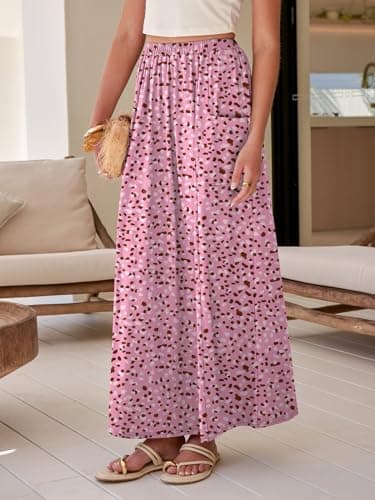 ANRABESS Womens Maxi Skirt Summer Casual Flowy A-line Elastic Waist Beach Long Skirts with Pockets Spring Vacation Clothes Floral Pink Small - Thumbnail 3