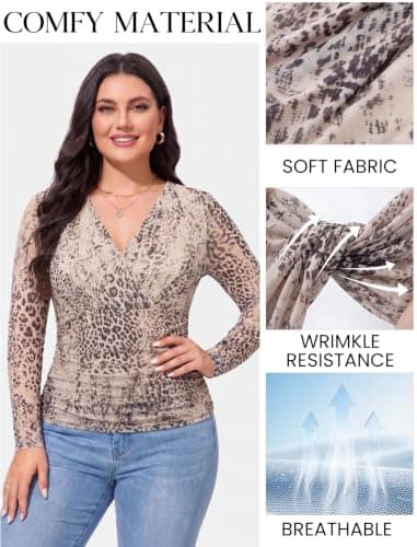 Arolina Dressy Tops for Women 2026 Wrap Long Sleeve Mesh V Neck Blouses - Thumbnail 5