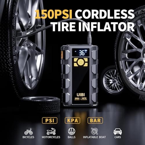 UIBI X5 Car Jump Starter 2000A with Built-in 150PSI Tire Inflator,16000mAh Power Bank & SOS Light for 8.0L Gas/6.0L Diesel Car Truck RV Road Trip Emergency - Thumbnail 3