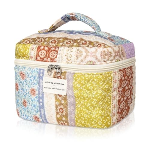 Gosect Floral Quilted Makeup Bag, Large Capacity Travel Cosmetic Organizer Bag with Handle, Portable Toiletry Bag for Women 6.3'' x 6.3'' x 9.84''(Multicolor)