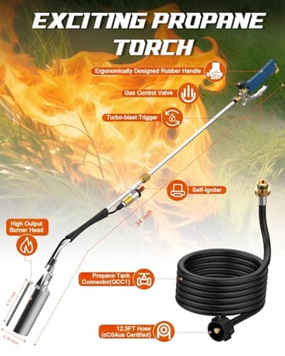Propane Torch Weed Burner Kit, High Output with Long/Short Mode,12FT Hose blow torch Heavy Duty Weed Torch Flamethrower with Self Igniter & Turbo Trigger for Weeding, Roofing, Melting Ice, BBQ - Thumbnail 2