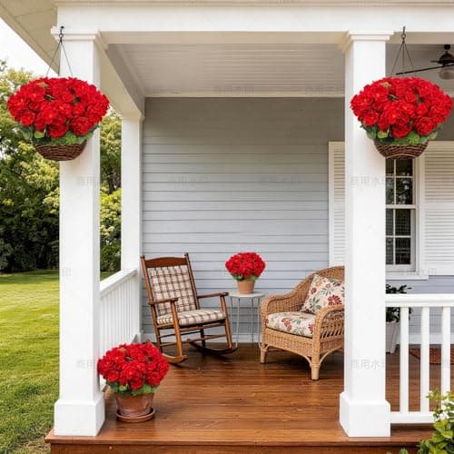 FULLMUSIC Artificial Flowers for Outdoor, UV Resistant Realistic Geranium Fake Flowers-Faux Flowers for Outdoor planters, Garden, Porch, Patio, Window Box Home Decor All Year Round (8 pcs, Red) - Thumbnail 5