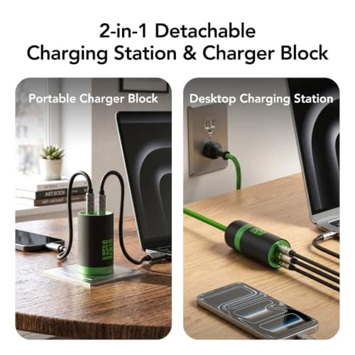 MFish 65W GaN Fast Wall Charger Block with 2 USB-C & 1 USB-A Ports, 5ft Nylon Extension Adapter – High-Speed Charging for iPhone, iPad, MacBook, Samsung Galaxy, and More Devices (Cyber Green) - Thumbnail 2