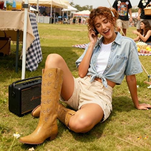 QIY Cowboy Boots for Women Knee High Womens Cowgirl Boots Nashville Pointed Toe Chunky Heel Cow Girl Banana Yellow Western Boot Size 6 - Thumbnail 6