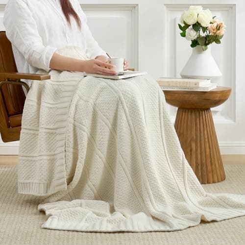 Amélie Home UltraChunky Chenille Throw Blanket, Soft Moss Stitch Knit Blanket for Couch, Sofa, Chair, Home Decor, Ivory 50"x60" - Thumbnail 5