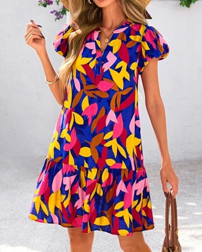 dowerme Womens Summer Dresses 2026 Puffy Sleeve V Neck Loose Floral Print A Line Boho Mini Babydoll Dress with Pockets(Blue Floral,X-Large) - Thumbnail 3