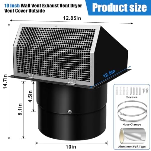10 Inch Wall Vent Exhaust Vent Dryer Vent Cover Outside for Kitchen Range Hood Dryer,Black - Thumbnail 2
