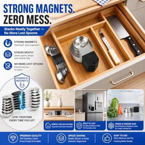 Magnetic Measuring Cups and Spoons Set, Strong N52 Magnets, Heavy Duty 304 Stainless Steel Fits in Spice Jars for Baking & Cooking, BPA Free, Round Set of 15 with Leveler Black - Thumbnail 5