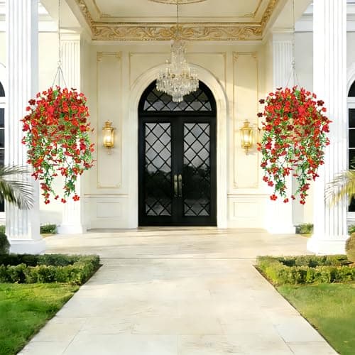 UV Resistant Artificial Hanging Flowers Outdoor Decor - 2 Pack Fake Hanging Plants with Silk Daisies for Spring Summer, No Fade Faux Flowers for Planter, Front Door, Porch, Patio, Garden, Yard - Thumbnail 5