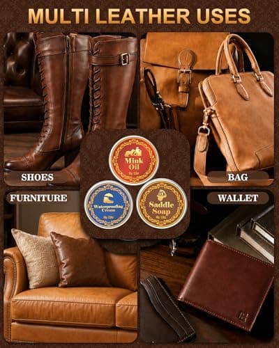 Jevvu Shoe Cleaning Kit, Saddle Soap, Mink Oil & Waterproof Wax, 10 PCS Boot Cleaner for Leather Cowboy Boots, Shoes, Work Boots and Tack, Shoe Shine Kit with Horsehair Brushes, Polish Cloths & Towel - Thumbnail 5