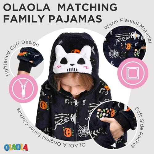 OLAOLA Halloween Family Matching Pajamas Skeleton Sleepwear Flannel Holiday Onesie Hooded Novelty Pjs - Thumbnail 2