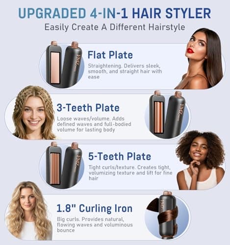 FMZ Flat Iron Hair Straightener, Titanium Ceramic Hair Straighteners for Women, Rotating 4-in-1 Dual Voltage Travel Flat Iron for Straightening, Curling, Volumizing, Root Lift, 10s Fast Heat, Black - Thumbnail 3