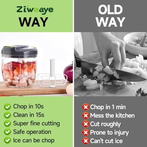 Ziweaye Manual Food Processor Vegetable Chopper, Portable Hand Pull String Garlic Mincer Onion Cutter for Veggies, Ginger, Fruits, Nuts, Herbs, etc., （900ml,Gray-green） - Thumbnail 2