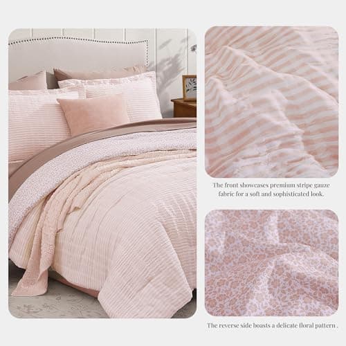 BLOOMHAVEN King Comforter Set - 7 Pieces Pink Bedding Sets for All Seasons, Lightweight Breathable Bed in a Bag King with Revesible Farmhouse Comforter, Sheets, Pillowcases & Shams - Thumbnail 3