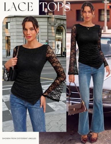 GRACE KARIN Womens Lace Bell Long Sleeve Tops 2026 Fall Boat Neck Ruched Going Out Shirt Asymmetrical Y2K Clothes Date Night, Black Peony, Small - Thumbnail 2