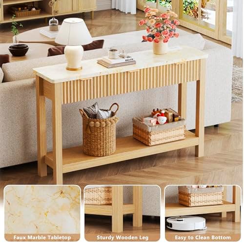 HUAHUU 47.2" Fluted Console Table with 3 Drawers, Long Sofa Table with Storage Behind Couch, Modern Entryway Table with Power Outlet & Open Storage for Entrance/Hallway/Foyer/Living Room, Oak - Thumbnail 4