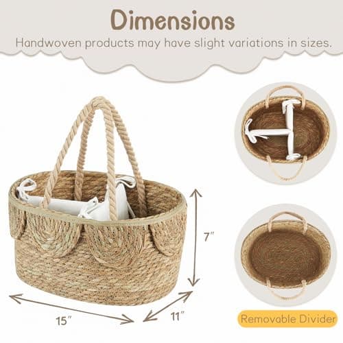 FairyHaus Diaper Caddy Organizer, Portable Natural Wicker Diaper Caddy with Rope Handles and Cotton Divider, Handwoven Seagrass Diaper Caddy Basket with Scalloped Edge for Nursery Picnic - Thumbnail 3